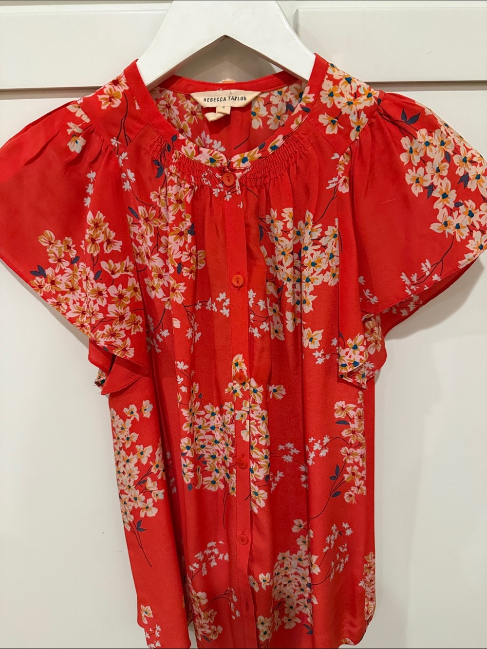 Rebecca Taylor Red Floral Button-Front Flutter Sleeve Blouse